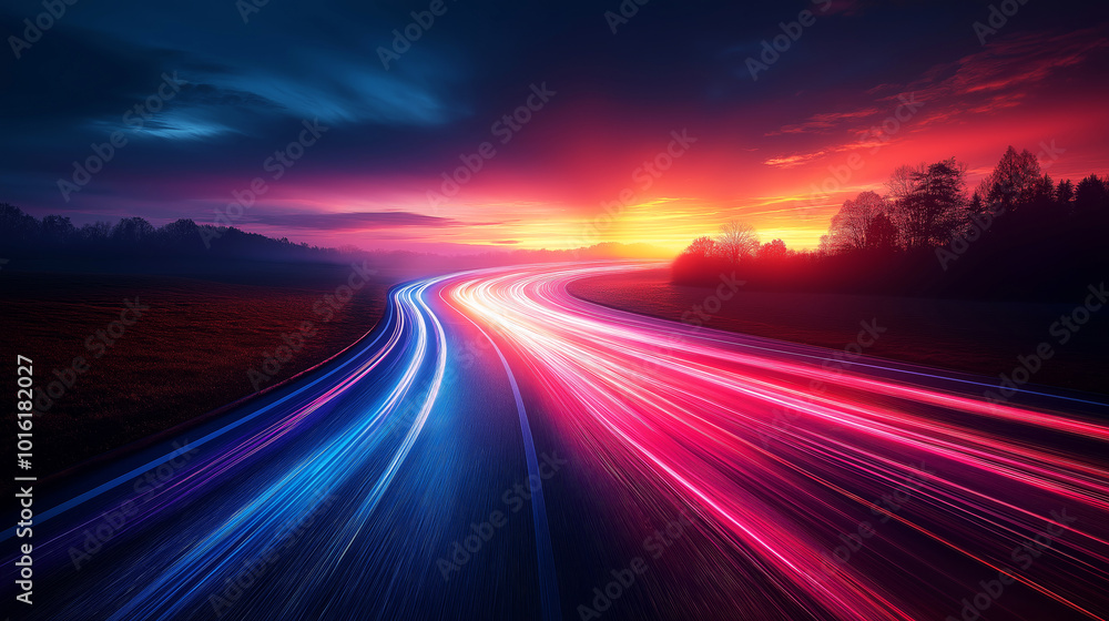 Highway before sunset long exposure car lights in lines Highway before sunset long exposure car lights in lines
