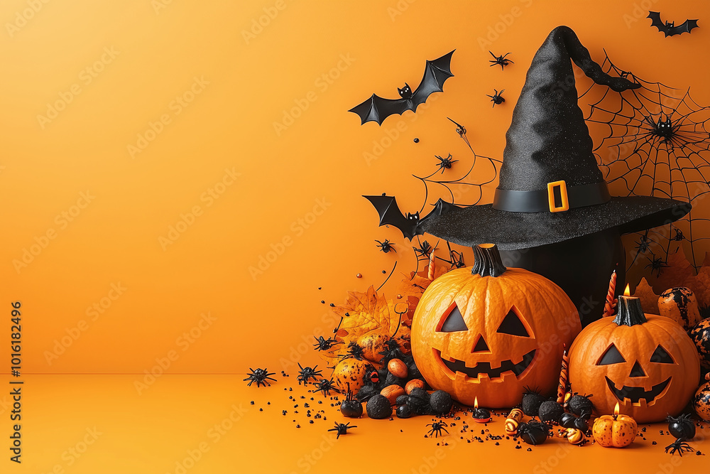 Halloween background with scary pumpkins, Bats, candles, spiders, dark atmosphere. Orange background, Silhouette of trees and bats. Illustration, postcard, wallpaper, for print