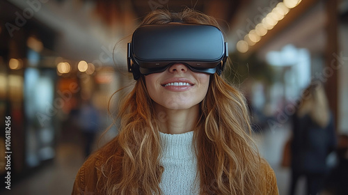 businesswoman wearing virtual reality goggles stands immersed in a digital world. The image symbolizes innovation, future technology, and the merging of professional life with virtual spaces