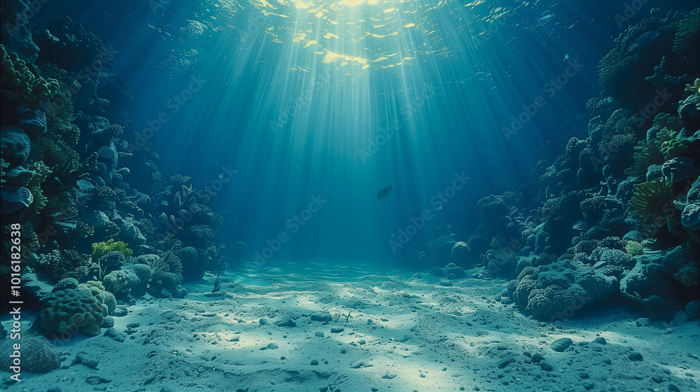 Fototapeta premium Sunlight Rays Illuminating a Serene Underwater Coral Scene..