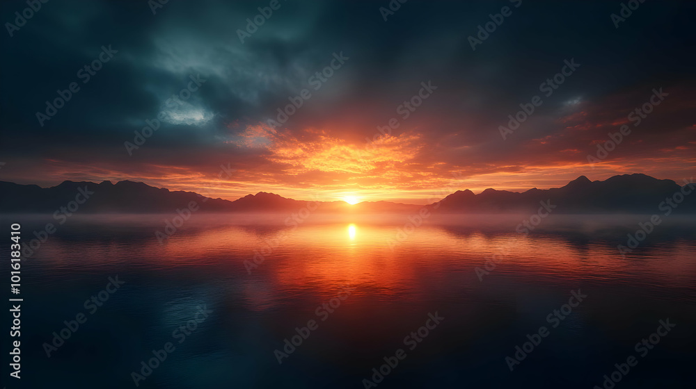 Mountain Silhouette with a Sunset Reflection on a Calm Lake - Realistic Image Mountain Silhouette with a Sunset Reflection on a Calm Lake - Realistic Image
