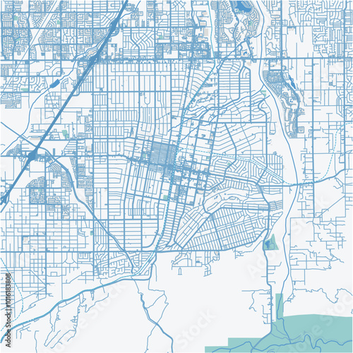 Map of Hesperia in California in a professional blue style. Contains layered vector with roads water, parks, etc.