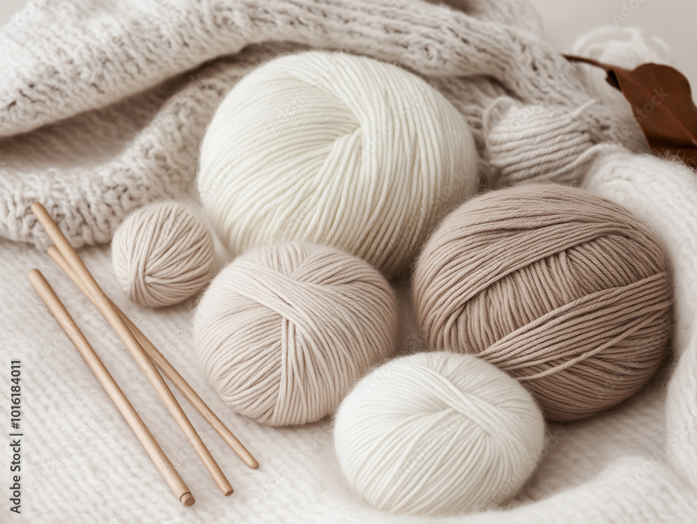 A flatlay of neutral-colored knitting supplies on a light woolen blanket, with skeins of yarn and knitting needles arranged artfully. A flatlay of neutral-colored knitting supplies on a light woolen blanket, with skeins of yarn and knitting needles arranged artfully.