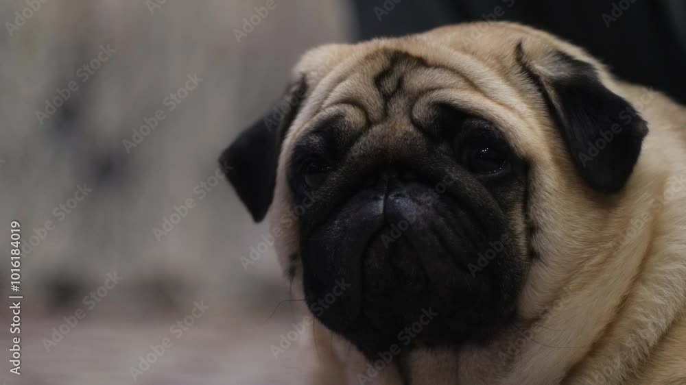 face of adult brown pug looking at camera, concept of domestic dogs, pug dog being inside face of adult brown pug looking at camera, concept of domestic dogs, pug dog being inside