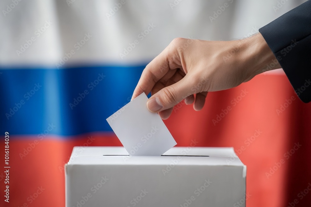 A hand is shown casting a vote into a white ballot box against a backdrop of a flag, symbolizing the act of democratic participation and civic duty. A hand is shown casting a vote into a white ballot box against a backdrop of a flag, symbolizing the act of democratic participation and civic duty.