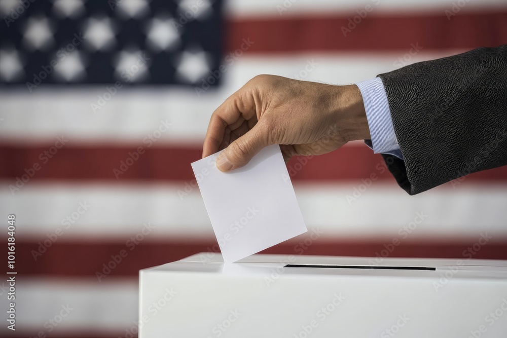 A person’s hand is pictured placing a voting ballot into a box, against the backdrop of the American flag, evoking ideals of democracy and civic duty. A person’s hand is pictured placing a voting ballot into a box, against the backdrop of the American flag, evoking ideals of democracy and civic duty.