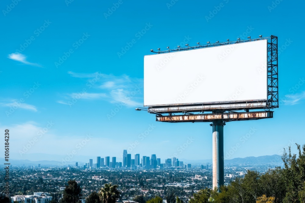 A stark white advertisement board hovers over a sprawling and vibrant urban backdrop, providing an impressively clear platform for potential visual campaigns. A stark white advertisement board hovers over a sprawling and vibrant urban backdrop, providing an impressively clear platform for potential visual campaigns.
