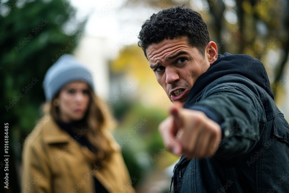 A curly haired man with an angry expression points directly, while a woman blurred in the background, complements the intensity and focus of the man's emotion. A curly haired man with an angry expression points directly, while a woman blurred in the background, complements the intensity and focus of the man's emotion.