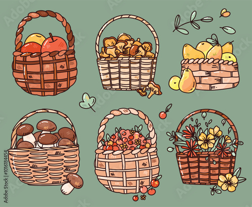 vector set with busket with fruits and berries