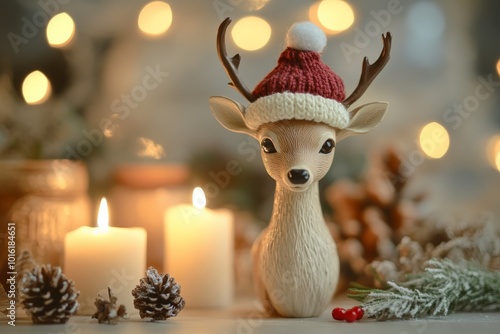 A cute reindeer figure wears a knitted hat, accompanied by pinecones and candles, set against a backdrop of soft lights, evoking a serene winter ambiance.