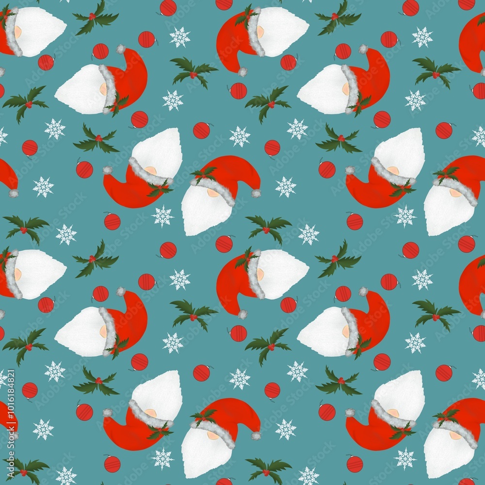Seamless pattern for Christmas design with cute Santas and snowflakes on a light blue background Seamless pattern for Christmas design with cute Santas and snowflakes on a light blue background