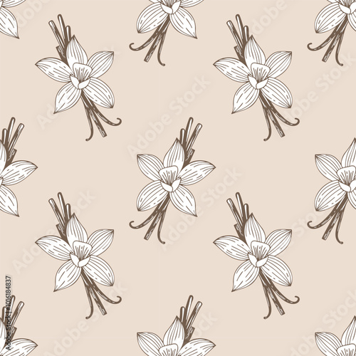 Spice aromatic pattern with vanilla flowers and pods on light pink background.