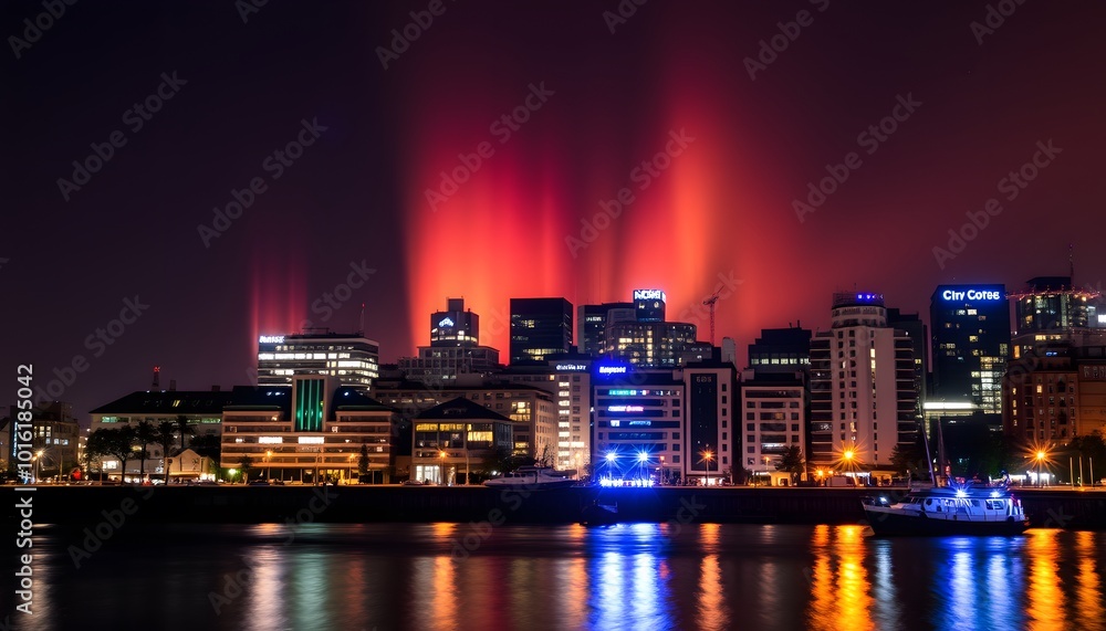 Obraz premium northern lights in a vibrant orange aurora borealis sky over silhouetted city