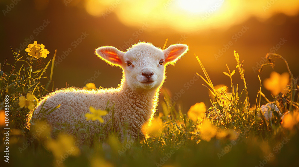 A fluffy lamb, illuminated by a golden sunset, stands amidst a meadow of yellow flowers, embodying innocence and warmth in a pastoral setting full of peace. A fluffy lamb, illuminated by a golden sunset, stands amidst a meadow of yellow flowers, embodying innocence and warmth in a pastoral setting full of peace.
