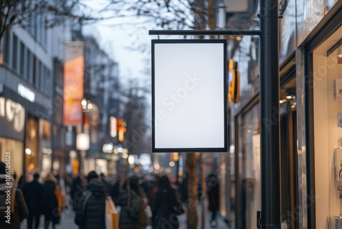 A blank sign is hung over a bustling city street lined with shops as people walk by in the evening, reflecting the vibrant atmosphere of modern urban life.