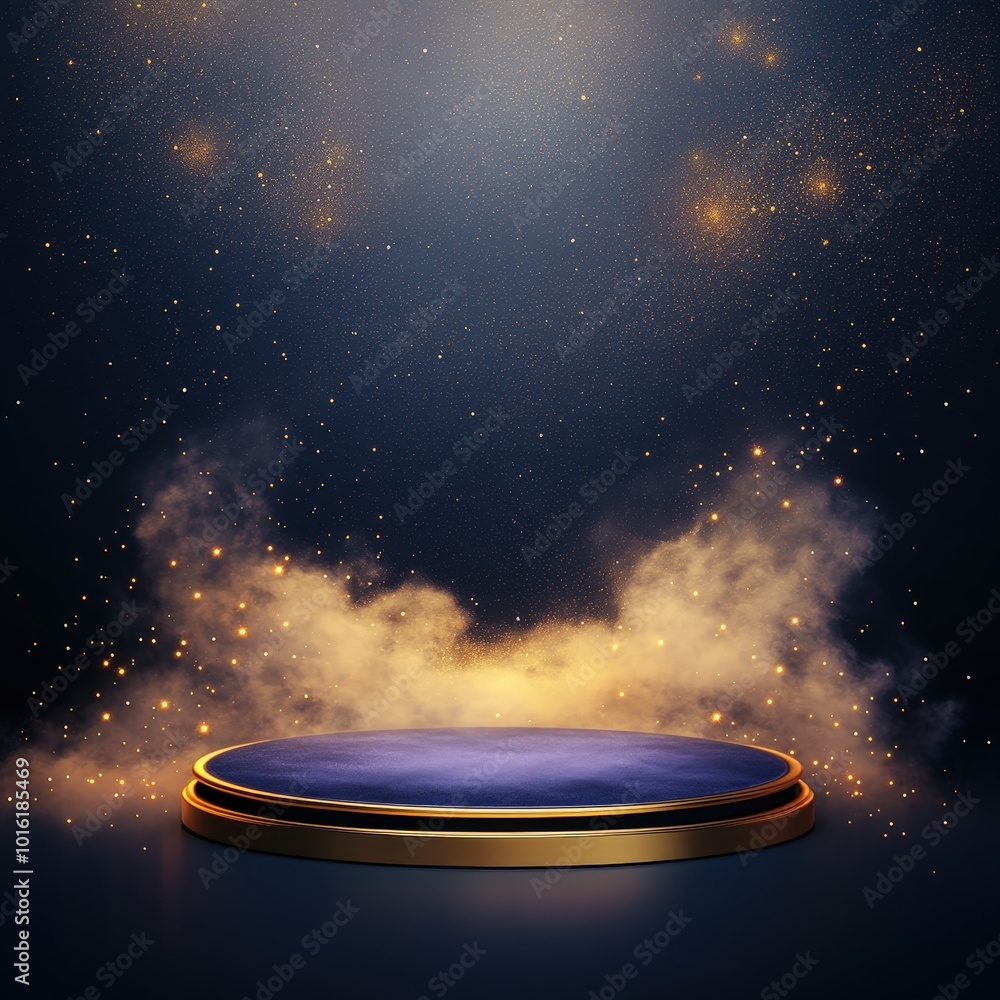 Golden and Blue Podium with Magical Glowing Lights and Fog. Golden and Blue Podium with Magical Glowing Lights and Fog.
