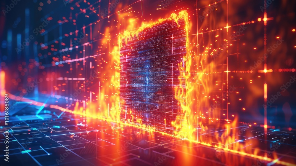 A glowing firewall icon represented by a burning digital wall on a background of a neon-blue network grid. The bright colors contrast with the dark environment. A glowing firewall icon represented by a burning digital wall on a background of a neon-blue network grid. The bright colors contrast with the dark environment.