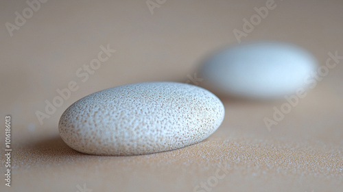 close-up of smooth rocks resting on sandy beach. The soft blur in the background symbolizes tranquility and timelessness, highlighting the enduring beauty of nature's simple elements