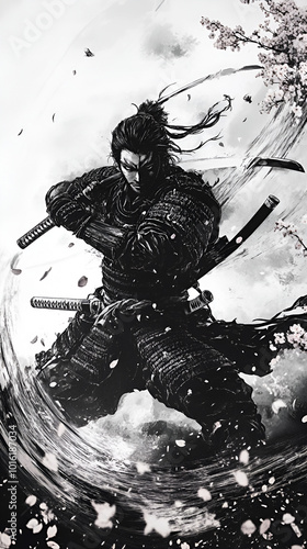 Anime Swordsman Illustration | Manga Katana Samurai with Waterbending Superpower in Black and White Sketch photo