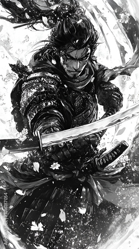 Dynamic Samurai Character in Black and White Manga Illustration | Epic Action Art