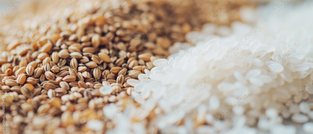 Obraz premium Close-up of vibrant grains and seeds, with golden shades blending into ivory whites, celebrating natural abundance and diversity.