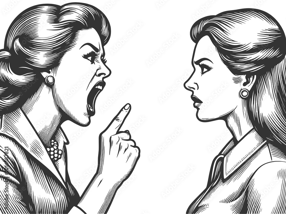 Female boss businesswoman shouting at employee, or mother yells at daughter, sketch engraving generative ai fictional character raster illustration. Scratch board imitation. Black and white image. Female boss businesswoman shouting at employee, or mother yells at daughter, sketch engraving generative ai fictional character raster illustration. Scratch board imitation. Black and white image.