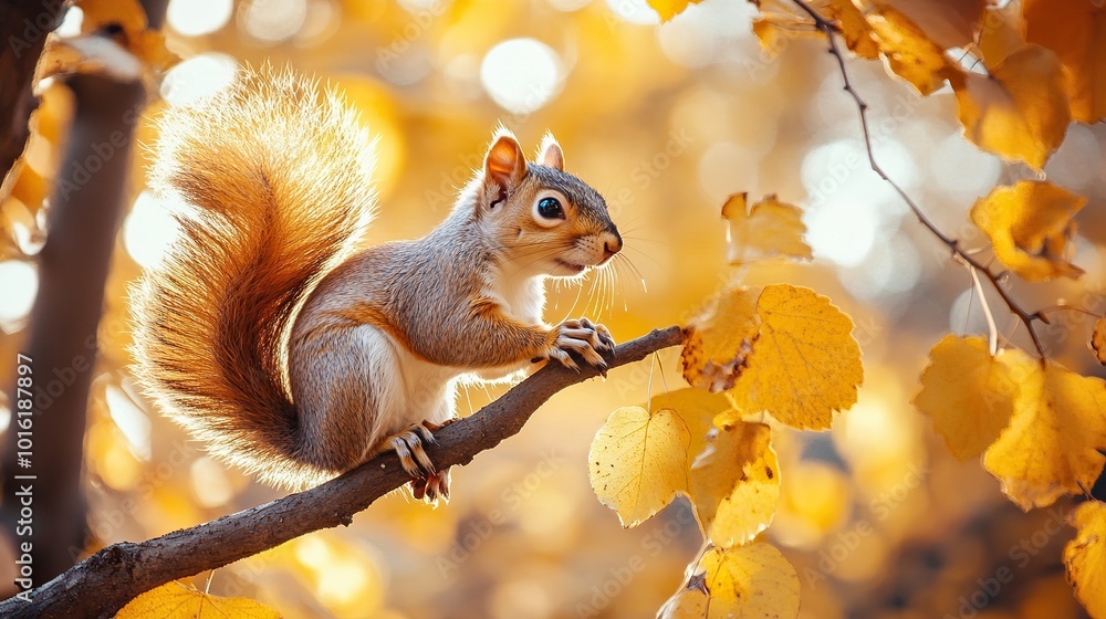 A squirrel perched on a branch surrounded by autumn leaves A squirrel perched on a branch surrounded by autumn leaves