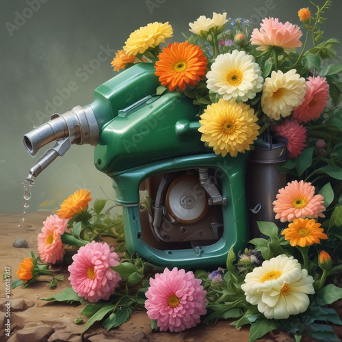 Realistic illustration fuel nozle with flowers groving from tube. photo