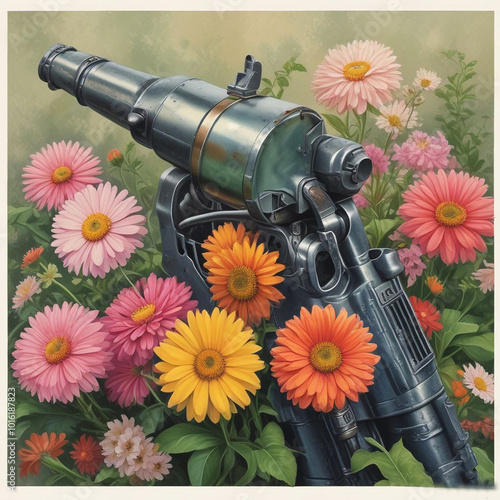 Realistic illustration fuel nozle with flowers groving from tube. photo