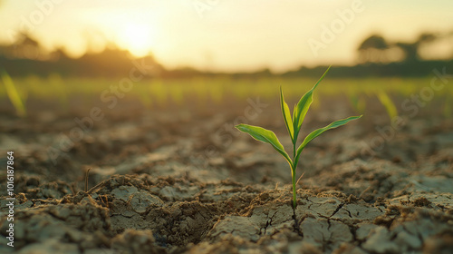 A single green sprout bravely emerging from cracked and parched soil, reflecting hope, resilience, and the invincible strength of life against adversity and harsh conditions. photo