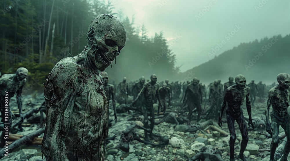 A horde of zombies with a forest in the background. A horde of zombies with a forest in the background.