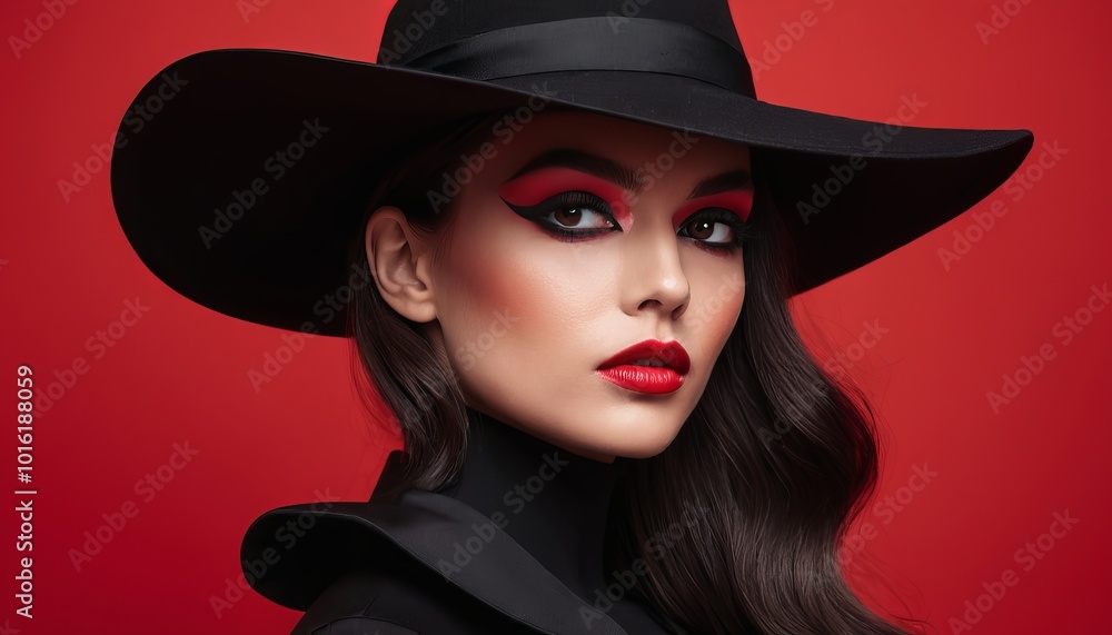 A striking model in a wide-brimmed hat poses against a vivid red background A striking model in a wide-brimmed hat poses against a vivid red background