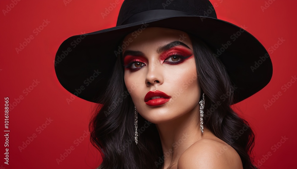 Stunning model showcases bold makeup against a vibrant red backdrop Stunning model showcases bold makeup against a vibrant red backdrop