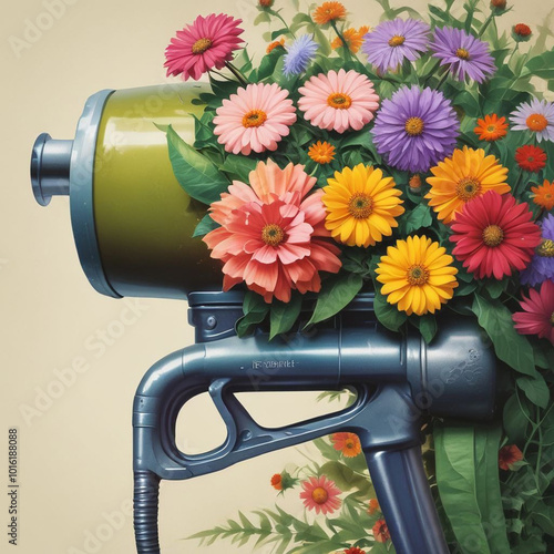 Realistic illustration fuel nozle with flowers groving from tube. photo