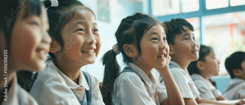 Bright-eyed students in uniforms beam with excitement, fully engaged in a classroom lesson, as sunlight pours through large windows.