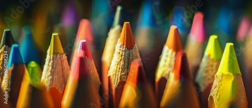 A close-up of vibrant, sharpened colored pencils forms a rainbow-like pattern, evoking creativity and the joy of artistic expression.