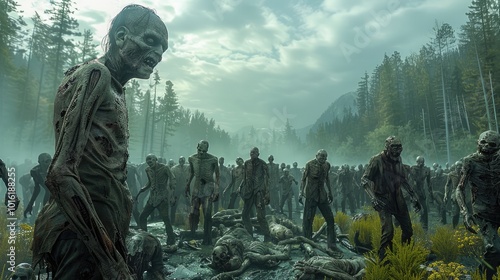 A horde of zombies with a forest in the background. photo