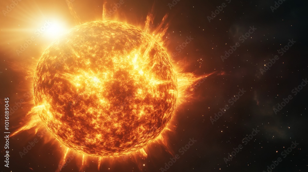3D rendering of the Sun with solar flares on a black background 3D rendering of the Sun with solar flares on a black background