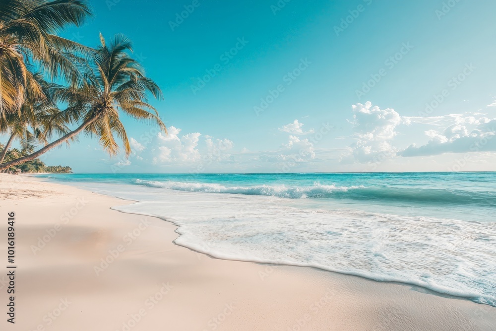 A serene tropical beach scene featuring soft sand, gentle waves, and lush palm trees under a clear blue sky, evoking tranquility and relaxation. A serene tropical beach scene featuring soft sand, gentle waves, and lush palm trees under a clear blue sky, evoking tranquility and relaxation.