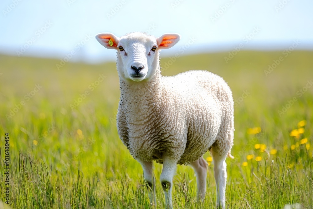 Obraz premium A fluffy white sheep standing alert in a lush green field, illuminated by the sun, capturing the essence of pastoral life and tranquility.