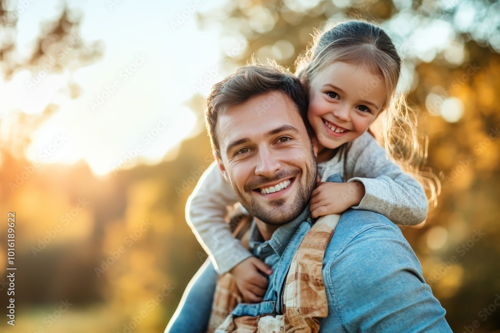 A joyful father carries his daughter on his back amid an outdoor setting, both smiling broadly, exuding warmth, happiness, and the joys of family bonding. A joyful father carries his daughter on his back amid an outdoor setting, both smiling broadly, exuding warmth, happiness, and the joys of family bonding.