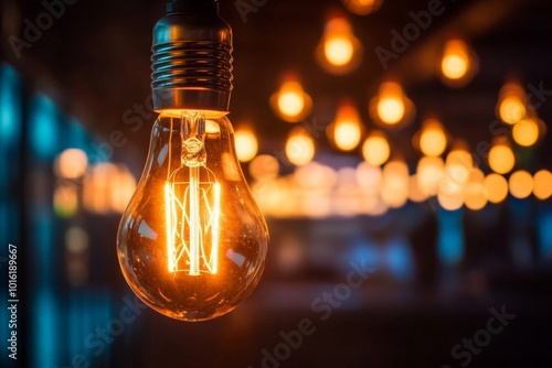 A close view of an Edison bulb glowing warmly, hanging in a dimly lit room, with a backdrop of blurred, soft glowing bulbs adding depth.