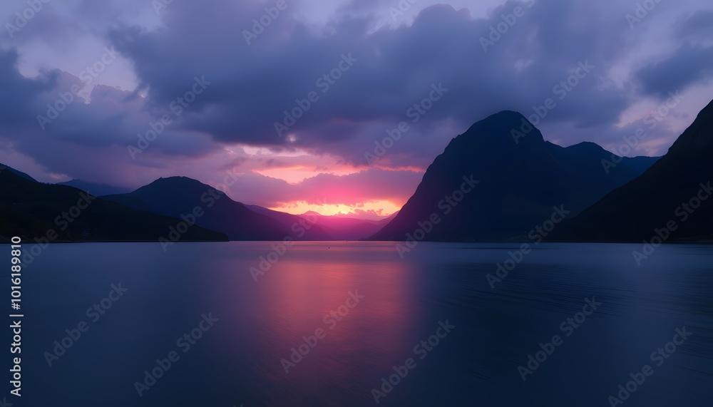 Serene Mountain Lake at Dusk with Vibrant Sunset Sky Serene Mountain Lake at Dusk with Vibrant Sunset Sky
