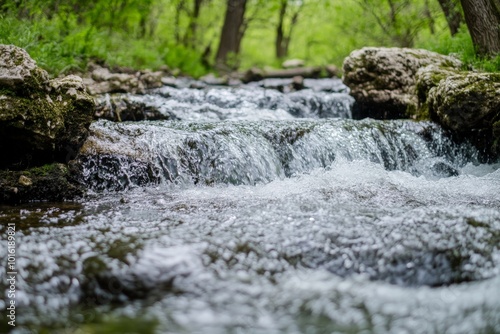 A clear stream gently flows over rocks in a lush green woodland, representing natural beauty, calmness, and tranquility in a serene forest landscape.