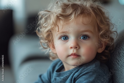 A young child with captivating blue eyes and curly hair gazes directly at the camera, radiating innocence and curiosity within a cozy home environment.