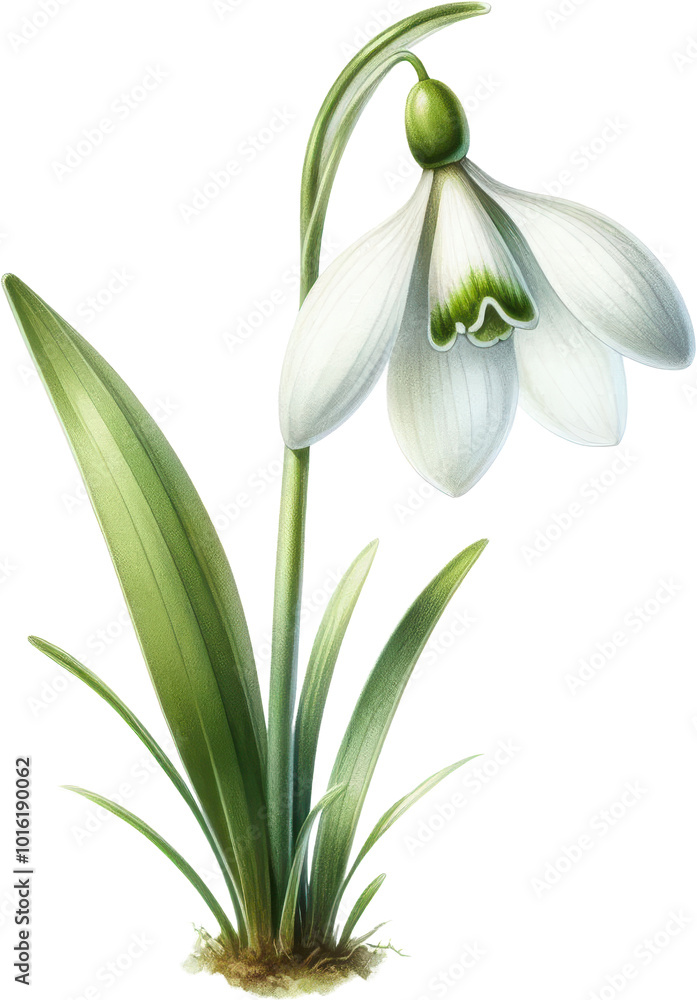 Fototapeta premium Single White Snowdrop Flower with Green Stem and Leaves