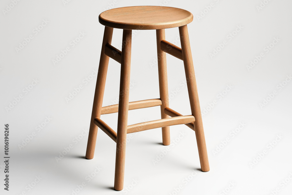 Wooden round stool with four legs and a footrest, in a minimalist design against a neutral background. Wooden round stool with four legs and a footrest, in a minimalist design against a neutral background.