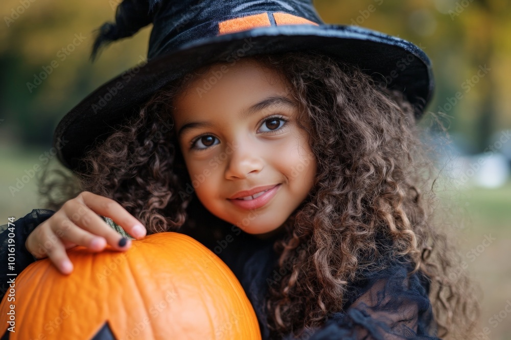 A curly-haired child dressed in a witch costume joyfully poses with a pumpkin outdoors, capturing the essence of Halloween fun and youthful excitement. A curly-haired child dressed in a witch costume joyfully poses with a pumpkin outdoors, capturing the essence of Halloween fun and youthful excitement.