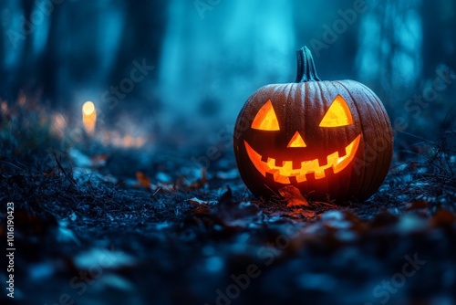 A single jack-o'-lantern glows mysteriously on the forest ground, surrounded by mist and fallen leaves, creating a haunting Halloween night scene. photo