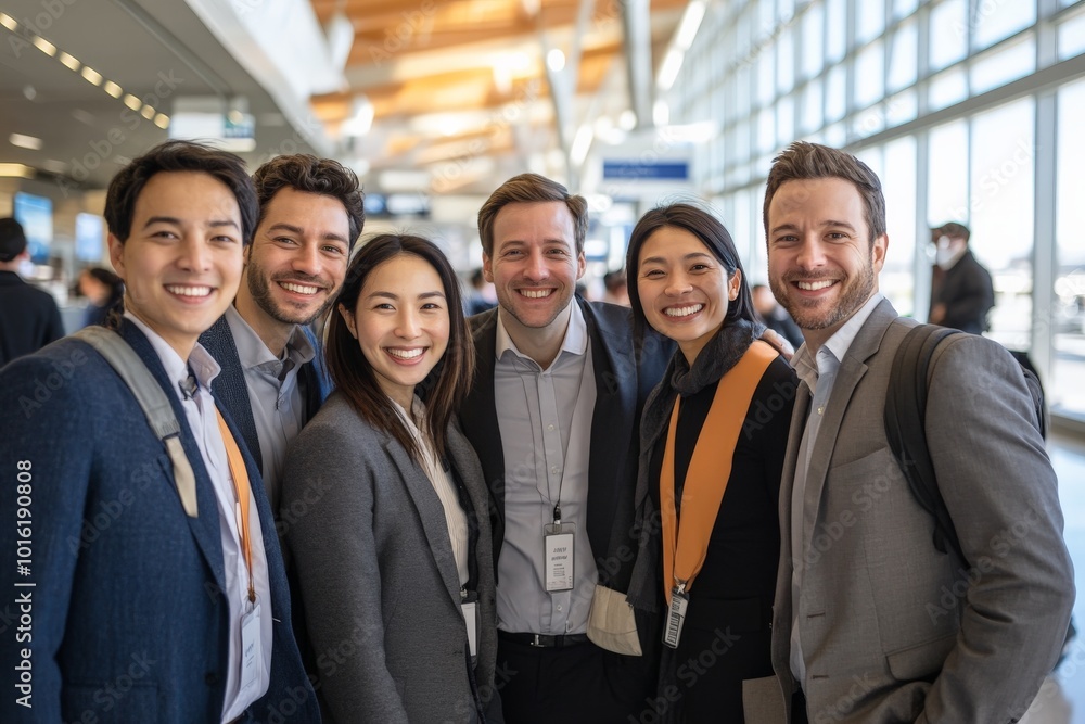 A group of smiling professionals stand together, posing for the camera in a modern airport terminal, showcasing camaraderie and business travel ambiance. A group of smiling professionals stand together, posing for the camera in a modern airport terminal, showcasing camaraderie and business travel ambiance.